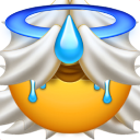 A faceless emoji with white hair and a halo.